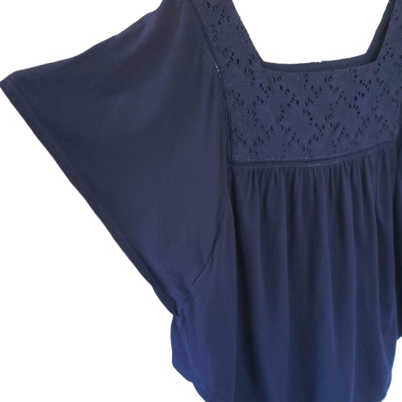 GAP Cotton Eyelet Square Neck Flutter Sleeve Top Blouse Large Navy - Picture 6 of 11